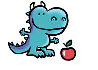 Cartoon drawing of a blue dragon with an apple