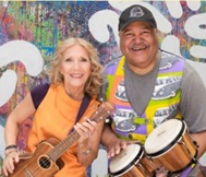 Picture of Wendy holding a ukulele and DB holding bongo drums