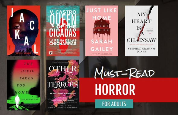 Book flyer with 6 horror books and the text "Must-Read Horror for Adults"