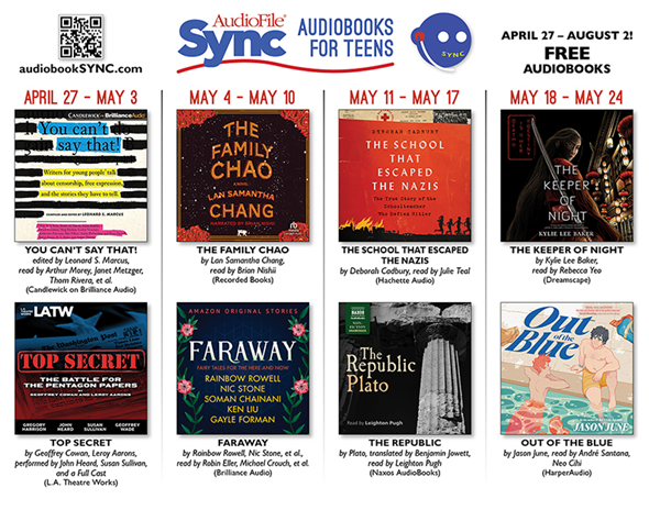 AudioFile Sync Audiobooks for Teens. April 27 - August 2! Free Audiobooks. Covers of books scheduled for April 27 - May 24 are pictured.