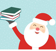 Clipart image of Santa holding a stack of books against a light teal background with snow falling
