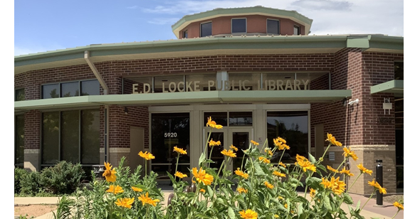 Picture of yellow flowers in front of the entrance to E.D. Locke Public Library.