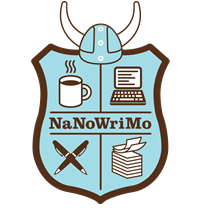 NaNoWriMo logo, a blue shield with a coffee mug, computer, pens, paper and a Viking style hat on top