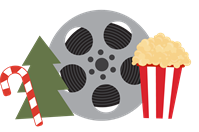 Clipart of a candy cane, green tree, movie reel, and popcorn.
  