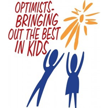 McFarland Optimists logo. Two blue people reach towards a yellow sun with red text reads "Optimists - Bringing out the best in kids" 
