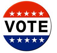 Circle with stripe of red with white stars on top, blue with white stars on bottom and white with black text "VOTE" in the middle.