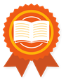 Clipart image of an orange award ribbon with a book at the center of the circle.