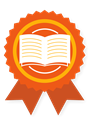 Clipart image of an orange award ribbon with a book at the center of the circle.