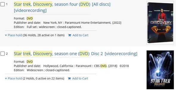 Screenshot of LinkCat online catalog listings for Star Trek Discovery DVDs.