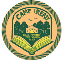 A badge with a tent in the woods on top of an open book. Text reads "CAMP iREAD, READ BEYOND THE BEATEN PATH"