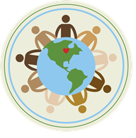 Clipart image of a globe with a heart where McFarland, Wisconsin is located. Around the globe are people of different colors holding hands.