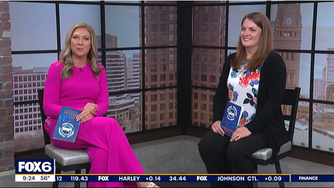 Screenshot of news segment on Fox 6 Wakeup News of Anchor Suzanne Spencer and Emily Heller with Bridges Library System sitting on chairs in the studio.