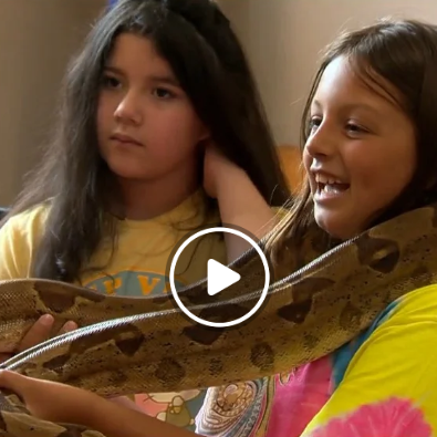Screenshot of news segment on Channel 3000 of two young girls with large snake over one of their shoulders.