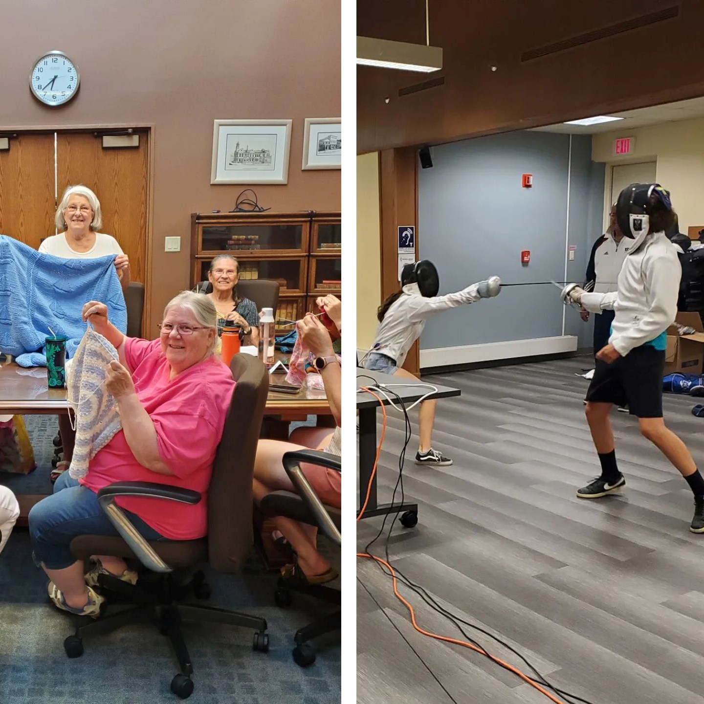 Image split into halves. Left side are women knitting around a table and holding up their works for the camera. Right side is two people in fencing gear practicing with fencing foils.