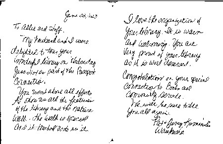 Scanned image of the handwritten note sent to Alice Baker Memorial Library.