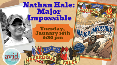 illustration that on the left features a black and white photo of the author Nathan Hale, who has curly hair and is wearing a ball cap. On the right of the image is a photo of the book jacket, featuring cartoon illustrations of the story.
