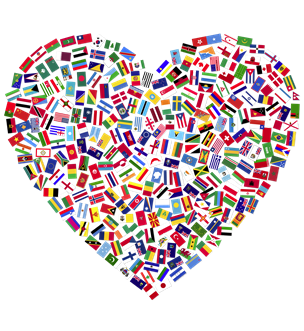Flags of various countries in the shape of a heart