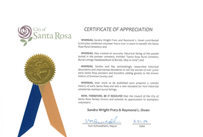 City of Santa Rosa Certificate of Appreciation