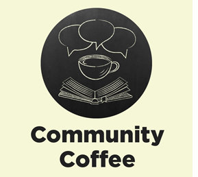 Community Coffee Logo - Coffee, books and talking bubbles