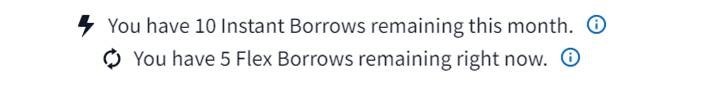 A screen shot from the Hoopla app, showing the symbols for flex and instant items.