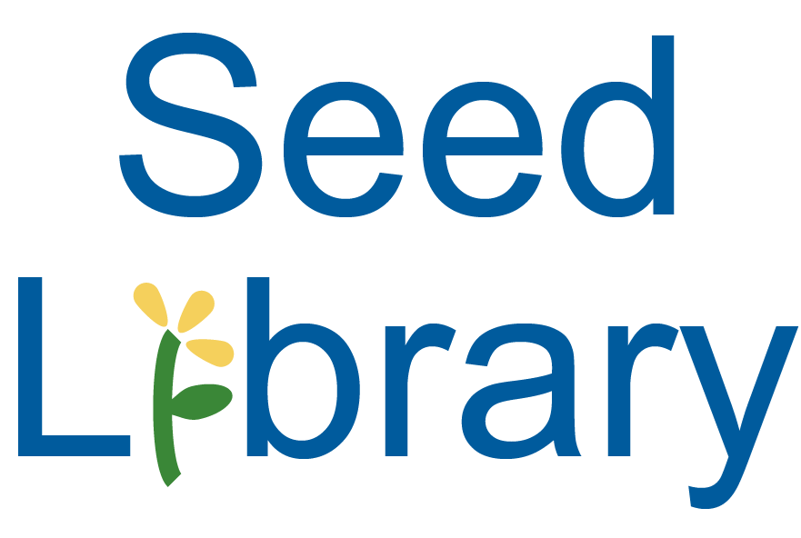 Blue lettering that reads seed library. The letter i in library has been replaced by a flower.