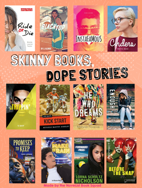 A flyer of hi-lo books for teens with text reading "Skinny Books, Dope Stories"