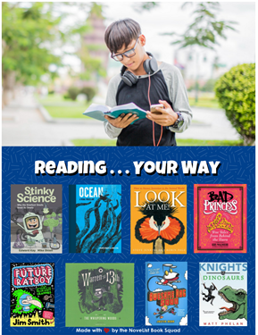 Flyer of high-interest fiction and nonfiction for middle grade readers, with text reading "Reading...your way"
