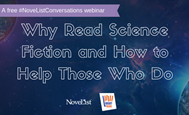 A picture of a galaxy background with the title of the science fiction webinar 
