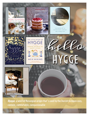 A flyer featuring books about hygge