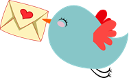 a cheerful bluebird is carrying an envelope stamped with a heart.