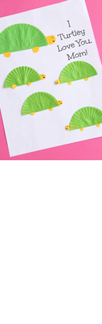 Photograph of a card that reads "I Turtley Love You Mom!" with turtles cut out from construction paper