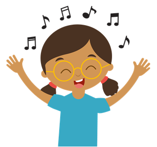 Colorful illustration of a child with glasses and pigtails singing with music notes above