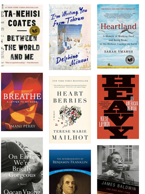 9 book cover images of memoirs featured in the New York Times on their list of best memoirs of the last 50 years