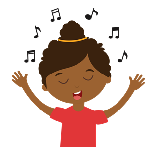 Illustration of a dark-skinned child singing, with music notes