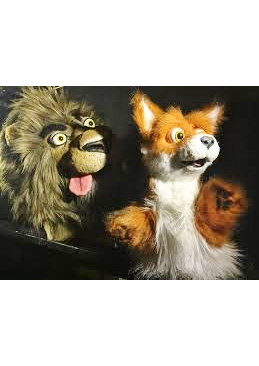 Photograph of two hand puppets side-by-side, one a lion and the other a fox