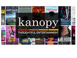 Kanopy logo with the words "thoughtful entertainment" below on top of a collage of movie poster images.