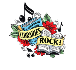 Libraries Rock summer reading theme illustrated logo with text "libraries rock!" on an open and closed book with flowers and music notes.