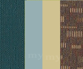 Image of different colors. Teal, light blue, light green, and brown representing new fabric, paint, and carpet for the remodel. 