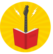 Image of a red covered book on a circle of yellow with a guitar neck extending from behind the book. Logo from the summer reading progam "Libraries rock" theme.