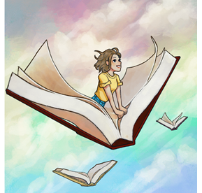 Teen art contest winner Emily E. Art is of a young person flying the skies in a book