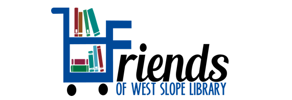 Logo of the Friends of West Slope Library featuring a cartoon icon of a book cart with books on it