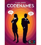 Game image of Codenames which shows silhouettes of two spies with speech bubbles on a background of red with a glow of yellow