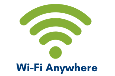 Image of a wifi signal and text that says WiFi Anywhere
