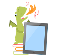Image of a dragon standing on top of a pile of books behind a tablet