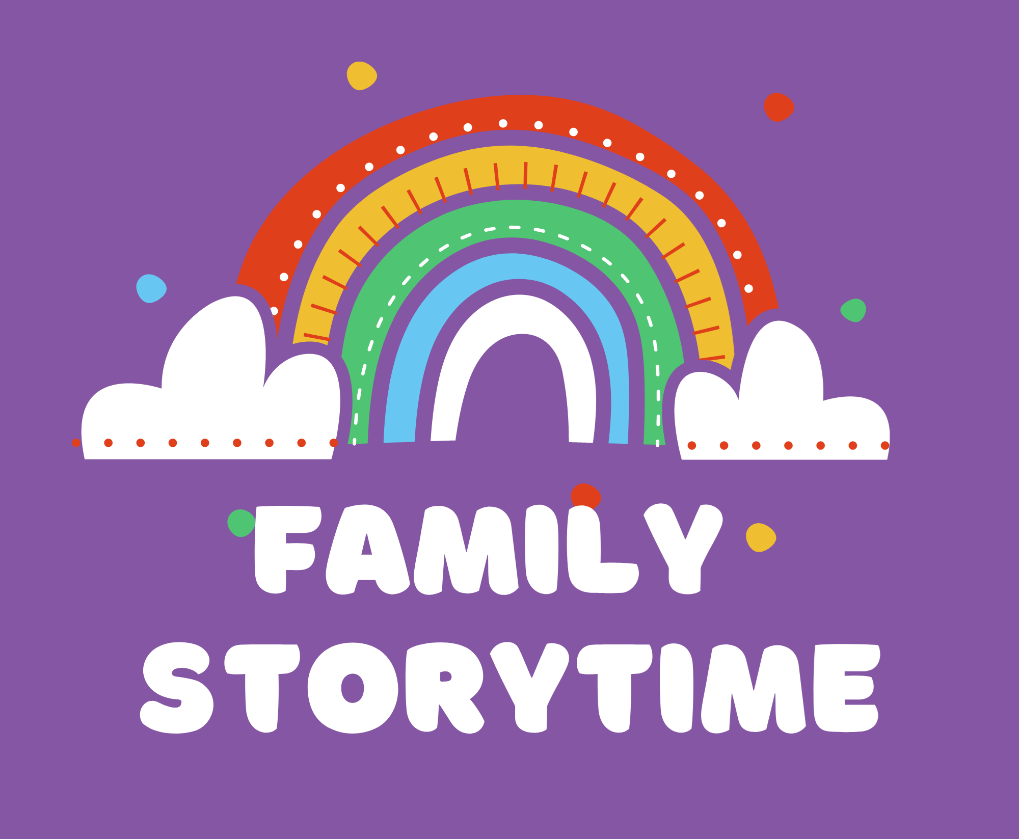 Image of rainbow and text reading "family storytime". 