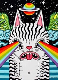 Cartoon image of a cat in space shooting rainbows out of its eyes surrounded by two dragons and a rainbow ringed planet.