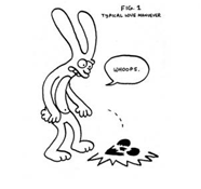 Rabbit dropping a heart that breaks while saying oops. Labeled Figure 1, Typical love maneuver.