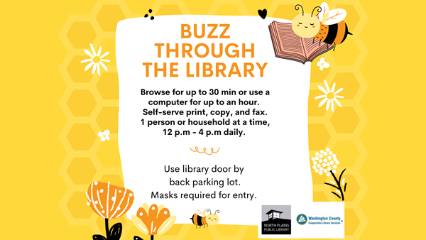 A graphic with a yellow honeycomb bees reading a book and flowers