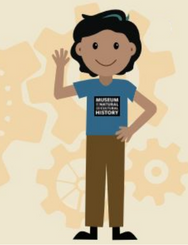 A waving person wearing a MNCH shirt stands in front of several stylized gears.
