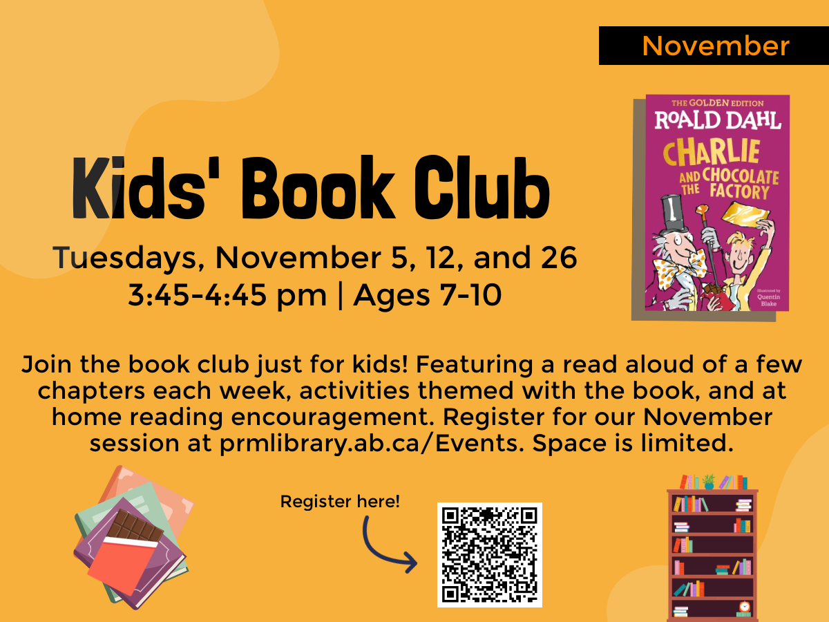 Kids' Book Club - Tuesdays, Nov. 5, 12, 26 from 3:45 to 4:45pm. Ages 7-10. Registration Required.
